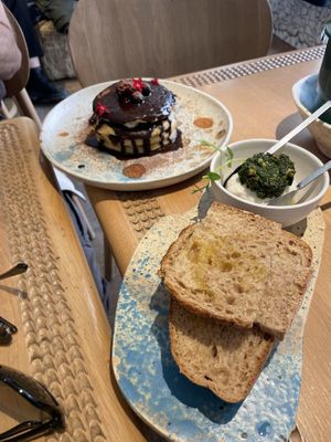 Pancakes and Pesto/Burrata on bread  at My Mother's Daughters  in Lisbon
