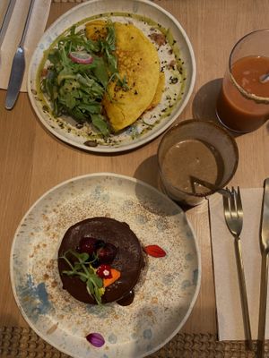 Pancakes, Omelet, Juice of the day and Chocolate Smoothie   at My Mother's Daughters  in Lisbon