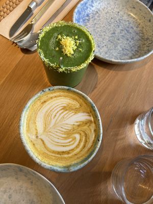 Green smoothie and golden milk  at My Mother's Daughters  in Lisbon