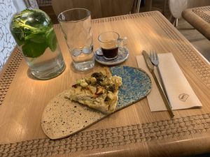 Quiche, coffee and mint flavoured water. at My Mother's Daughters  in Lisbon