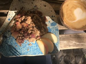 Apple crumble and latte at My Mother's Daughters  in Lisbon