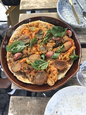 Vegan pizza with salami at My Mother's Daughters  in Lisbon