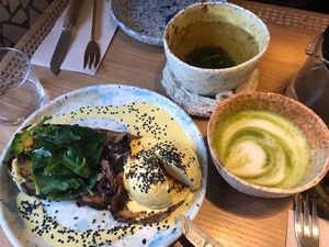 Matcha latte with no egg Benedict  at My Mother's Daughters  in Lisbon