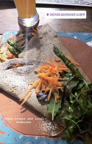 Vegan crepe and kombucha made on site  at Creperia La Boheme in Cusco