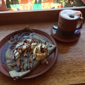 Vegan crepe with chai tea and almond milk at Creperia La Boheme in Cusco