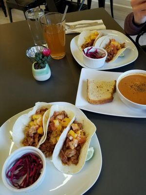 Jackfruit tacos and red pepper soup. at Leaf in Haddonfield