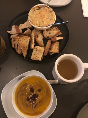 Spinach artichoke dip and seasonal pumpkin (or butternut squash—I don’t remember) soup!  at Leaf in Haddonfield