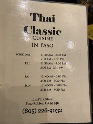 Front page of menu  at Thai Classic in Paso Robles