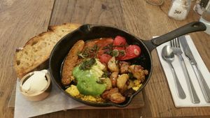Beautiful tofu scramble hiding under potatoes   at Partisan in York
