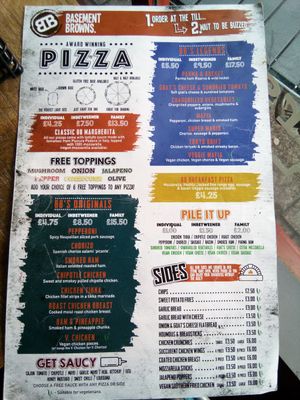 Large menu 2 at Basement Browns in Leamington Spa