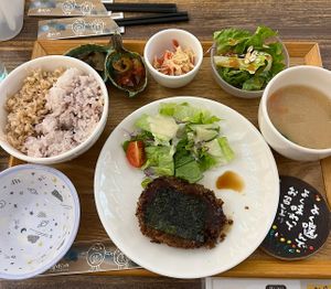 Soy patty hamburger steak teriyaki sauce.  #Veganuary at Medaka Natural Kitchen  in Osaka
