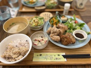 Soy meat and seitan cutlet set meal with a beautiful miso soupp  at Medaka Natural Kitchen  in Osaka