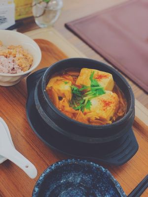 Soft tofu kimchi stew at Medaka Natural Kitchen  in Osaka