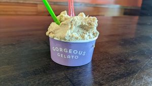 Small cinnamon gelato on vegan Fridays at Gorgeous Gelato in Portland