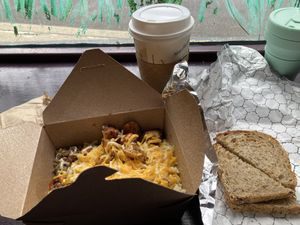 Climber’s Plate and coffee with oat milk    at Karma Road Organic Cafe in New Paltz