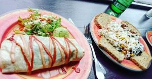 Large breakfast burrito and breakfast platter at Karma Road Organic Cafe in New Paltz