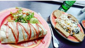 Large breakfast burrito and breakfast platter at Karma Road Organic Cafe in New Paltz