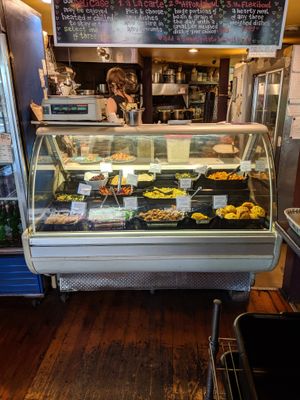 Prepared food in the Karma Road deli case at Karma Road Organic Cafe in New Paltz