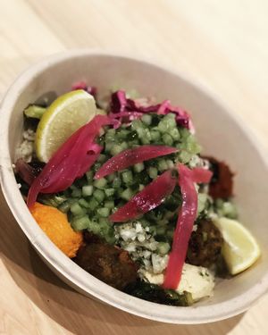 Vegan bowl with harissa, plain/original hummus, red pepper hummus, and falafel  at CAVA in Rye Brook