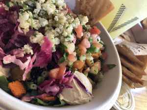 Arugula and lentil base with EVERY veggie and lemon herb tahini  at CAVA in Rye Brook
