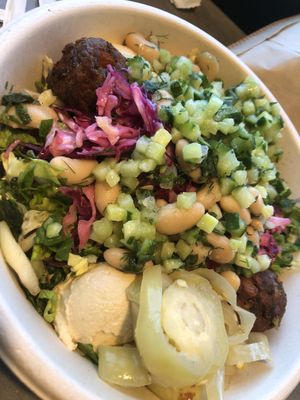 Super & splendid greens, falafel, white beans, banana peppers, cabbage, cukes at CAVA in Rye Brook