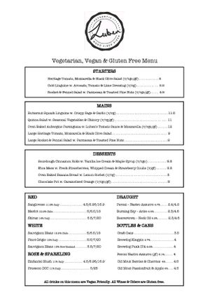 Vegetarian, vegan and gluten free menu May 2018 at Luben's Pizza in Folkestone