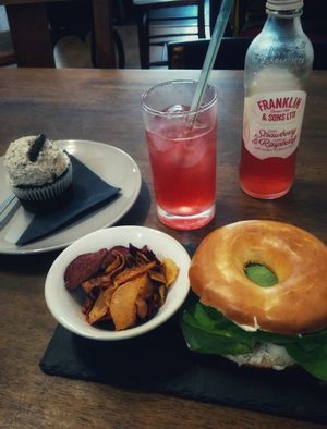 Vegan cream cheese bagels with Oreo cupcake at Orchard Lane Coffee House in Folkestone