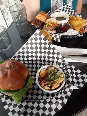 Blue cheese burger w/potato salad and French dip w/chips and salsa at Georgetown Liquor Company in Seattle