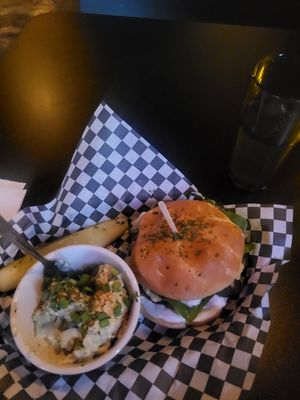 Bleu burger and potato salad, both delicious! at Georgetown Liquor Company in Seattle