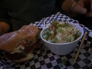 Blue cheese burger and potato salad  at Georgetown Liquor Company in Seattle