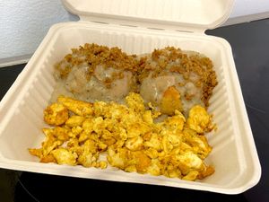 biscuits + gravy + tofu scramble (takeout) at Georgetown Liquor Company in Seattle