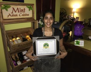 Plant Pure Nation Restaurant Certificate for offering vegan menu options prepared with no oil(upon request).  at Mint Asian Cuisine in Punta Gorda