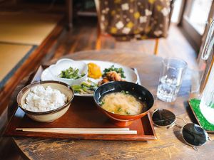 The simple and tasty vegan meal option. (Excuse the out of focus food!) at Cafe 101 in Teshima
