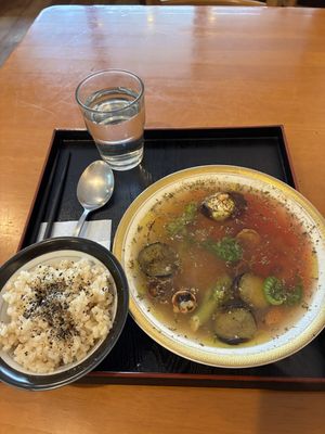 Veggie Soup with whole grain rice  at Tomy Muesli in Takayama