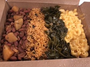 Habichuelas, rice w/ gandules, collards, mac & cheez  at Vegan International Co in Tampa