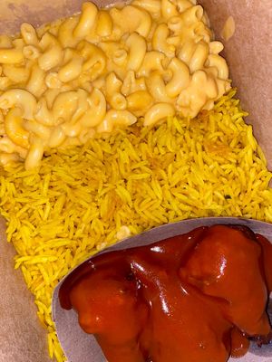 Drumstick platter! Buffalo drumsticks we’re amazing! Sooo realistic to real chicken wings! The saffron rice was great- very salty though. Mac n cheese I will not order again at Vegan International Co in Tampa