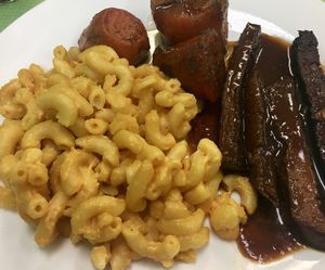 BBQ over Soy Earth Protein, Sweet Potatos, Mac & Cheese at Vegan International Co in Tampa