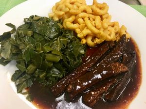 BBQ over Soy Earth Protein, Collards, Mac & Cheese at Vegan International Co in Tampa