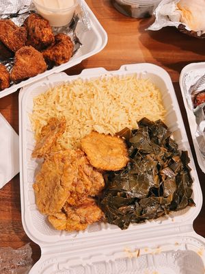 Plantains , saffron rice and greens   at Vegan International Co in Tampa
