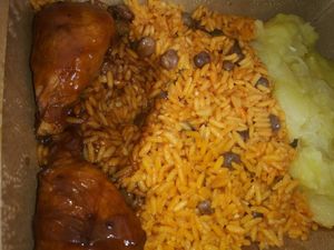 Vegan wings, yuca and arroz con gandules puerto rican style!!! at Vegan International Co in Tampa