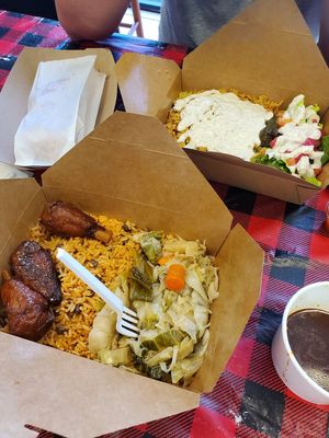 Tum yum .sunday lunch.drumsticks, rice with beans, cabbage side. & gyro platter. Accompanied with vegan taco empanada at Vegan International Co in Tampa