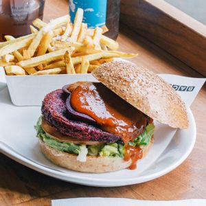 The Roast Beet burger: Beetroot & quinoa patty, our bbq sauce, grilled beetroot and avocado. at Bacoa - Ferran in Barcelona