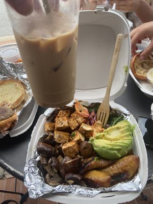 Powerhouse bowl added tempeh & avocado and chai tea latte with oat milk !  at Wild Rabbit Bistro in Ormond Beach