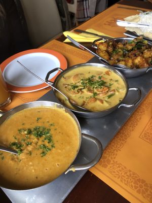 Vegan taste platter with dhal, veggies with coconut cream, roasted potatoes   at La Bamboo in Stuttgart