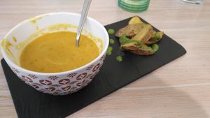 Carrot spicy soup at Amaranta Biobar in Valencia