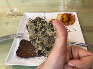 Lunch menu -9 €-  gazpacho, Buddha bowl ( salat), boletus scrambled ( mashoom, patato, zukini), dessert chess cake !!! at Amaranta Biobar in Valencia