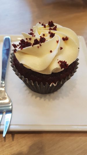 Red velvet cupcake at Kathy's Deli & Cupcakery in Luxembourg City