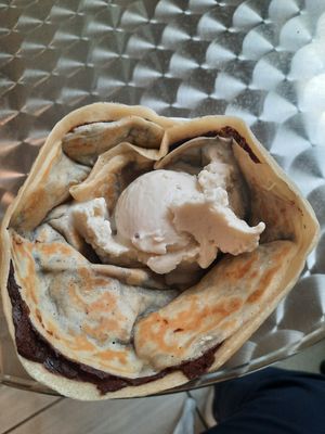 Chocolate and banana crepe with pistachios ice cream at Crepe and Spoon in Minneapolis