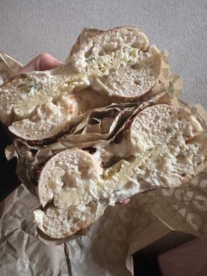 Onion bagel with scallion cream cheese and just egg  at Rise Bagel Co. in Minneapolis