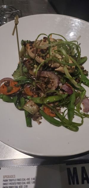 Gardein Bowl: stir fried sesame brown rice & red quinoa, mushrooms, snap peas, bok choy, car, red onion, baby broccoli, red pepper flakes at Yard House in King Of Prussia